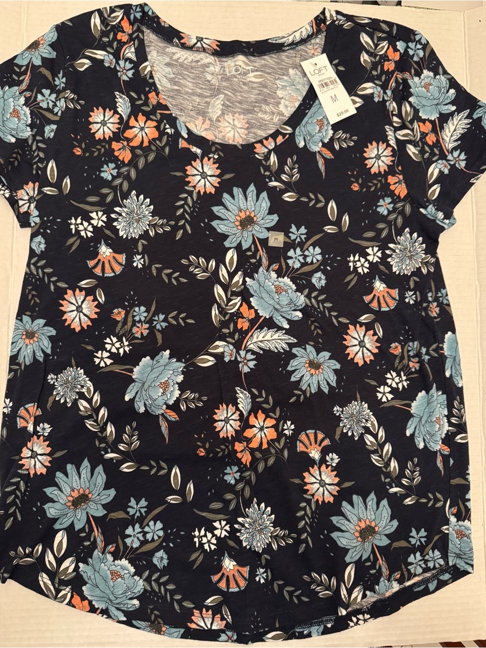 LOFT Black Scoop-Neck Tee with Blue & Coral Floral Print
